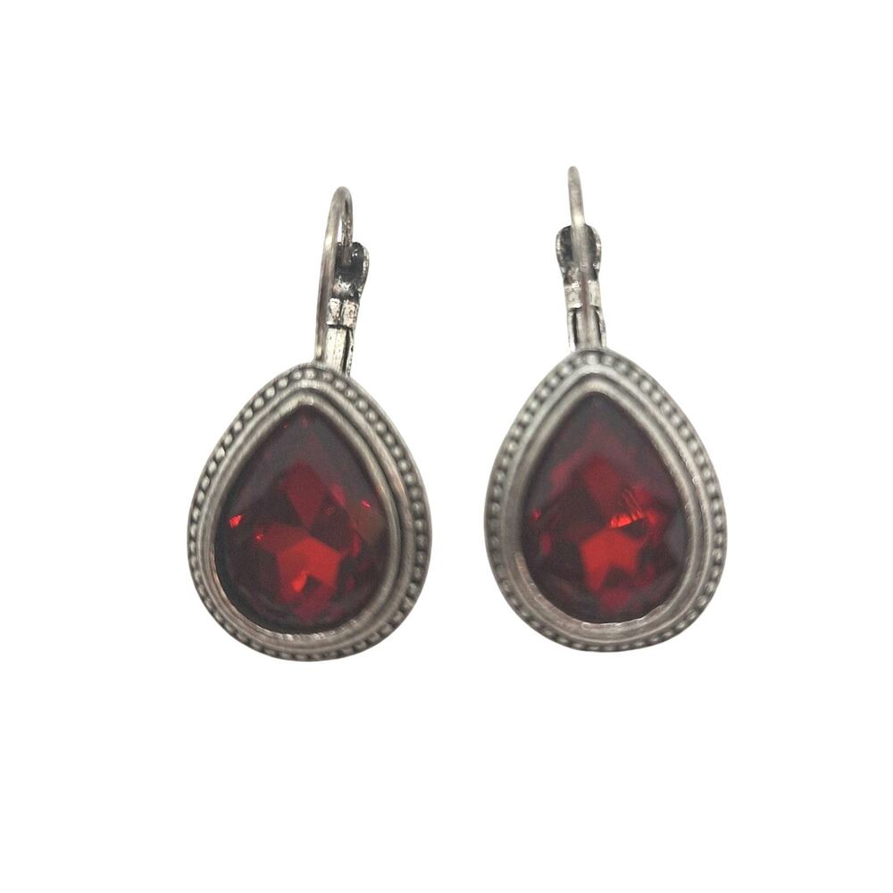 Red Teardrop Earrings Silver Tone Leverback Earwires